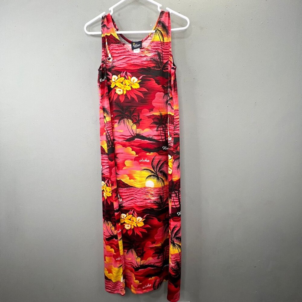 Vintage Royal Creations Maxi Dress Hawaii L Pink Red Black Sunset Palm Floral